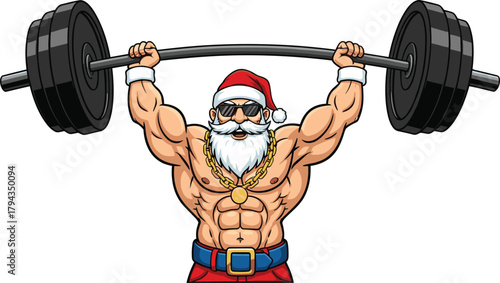 Muscular Santa Claus cartoon, bodybuilding Christmas character, strong festive mascot illustration, weightlifting holiday artwork, funny gym Santa design, cad drawing flat vector illustration