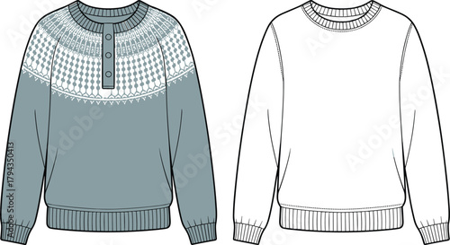 Nordic baby sweater flat, vector fashion sketch, crew neck jumper, CAD drawing, knitwear design, winter apparel template