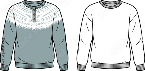 Nordic sweater fashion flat, vector illustration, baby pullover design, crew neck jumper, CAD drawing, winter knitwear, apparel template