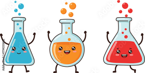 "Cartoon chemistry flasks with smiling faces, colorful liquids, science experiment, laboratory equipment, educational illustration, fun learning, cad drawing flat vector illustration"