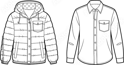 Padded jacket, button-up shirt, fashion flat sketch, front back view, technical drawing, apparel design, vector illustration, garment CAD