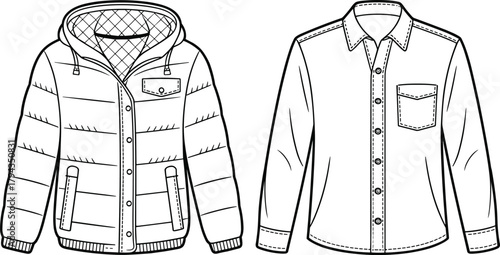 Padded jacket, button-up shirt, fashion flat sketch, front back view, technical drawing, apparel design, vector illustration, garment CAD