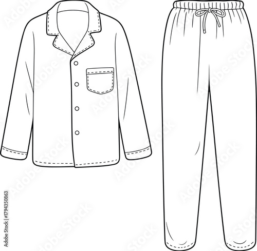 Pajama cad drawing, flat vector illustration, sleepwear fashion sketch, clothing design template, nightwear outline, loungewear technical drawing, apparel pattern, garment design