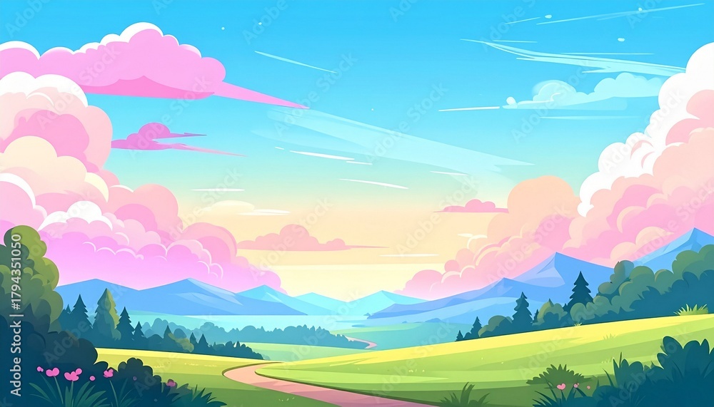 Obraz premium Vibrant Summer Landscape with Rolling Hills, Winding Path, and Cotton Candy Clouds Under a Blue Sky