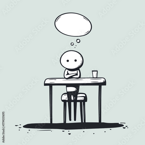 Skeptical stick man sitting at table with arms crossed and thought bubble above head   , vector style simple color