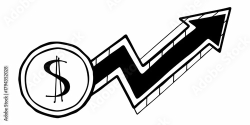 Black and white drawing of a coin with a dollar sign and an upward trending arrow shape symbol