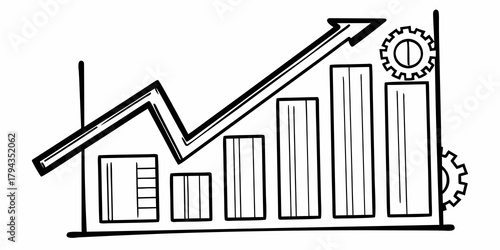 Illustration of a growth chart with an upward arrow and gears in a black and white sketch style