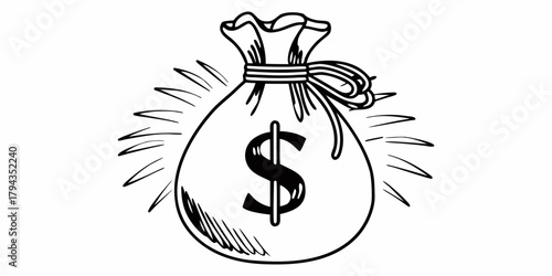 Illustration of a money bag with a dollar sign and radiating lines in black and white drawing style