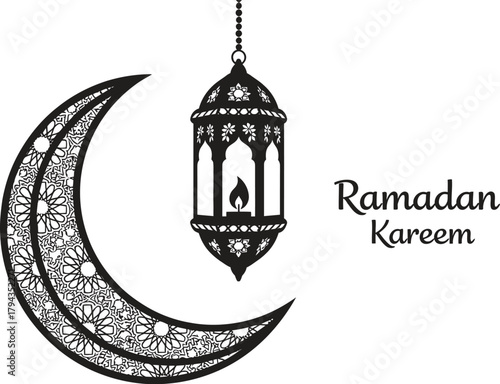 Decorative crescent moon and hanging lantern with ramadan kareem text on white background