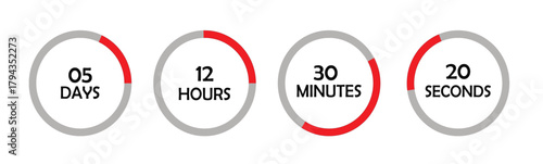 Flat design vector illustration of a circular countdown timer icon set. Day, hour, minute, second, stopwatch.