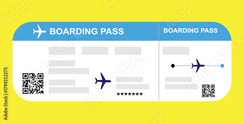 Blue and white vector illustration of a blank airplane boarding pass template with a QR code. Business travel, passengers, vacation, travel.