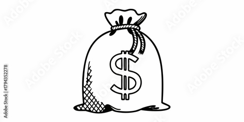 A simple line drawing of a money sack with a dollar sign and tied top in black and white style