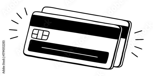 Two credit cards stacked with a black stripe and chip shown in a simple black and white illustration