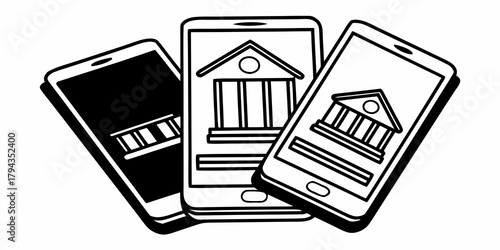 Three smartphones displaying bank icons suggesting mobile banking applications and technology use