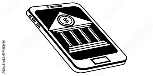 Illustration of a smartphone displaying a bank building with a dollar sign inside a circle
