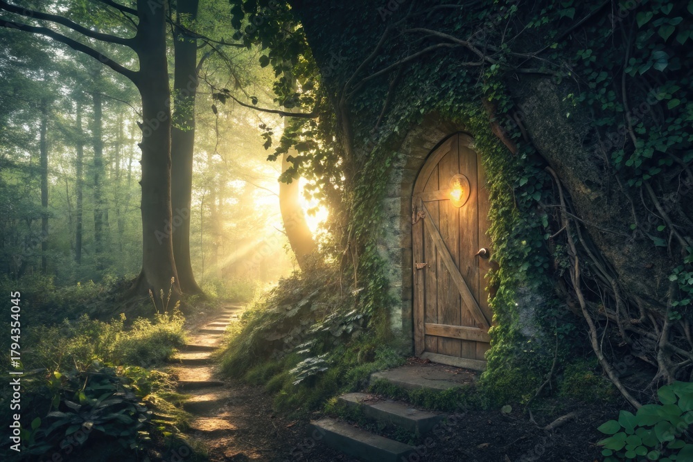 Obraz premium Enchanted Forest With a Wooden Door Nestled in Mossy Rocks at Sunset