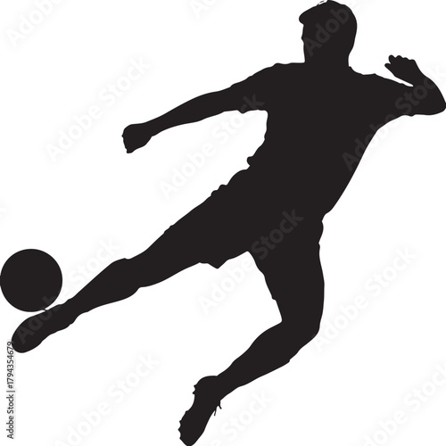 Black silhouette vector of a male soccer player kicking a football during a dynamic sports action moment.
