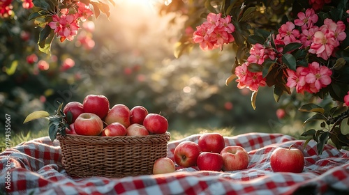 Apples in basket on checkered blanket