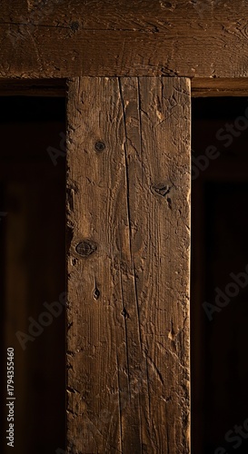 Rustic heavy timber beam, showing rough wood texture and deep natural grain. Essential structural element for traditional construction ,raw ,oak ,architecture