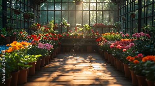 Greenhouse interior with colorful flowers