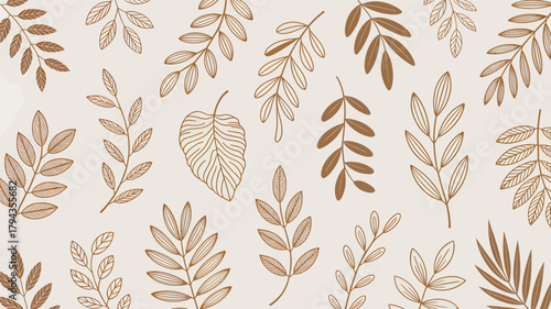 Brown leaf branches on beige background seamless pattern