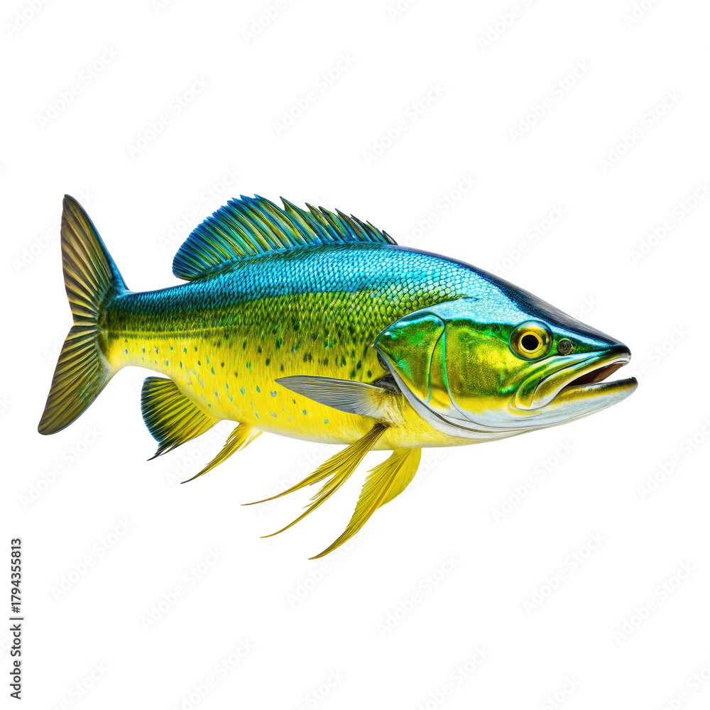 Fototapeta premium Vibrant fish with blue, green, and yellow scales swimming, isolated