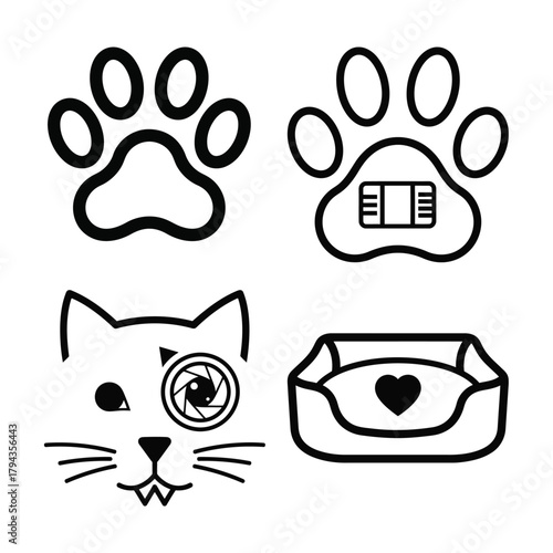 Pet health and camera icons vector set for animal care design