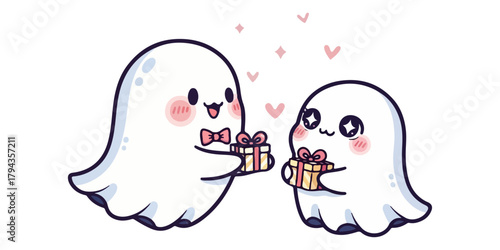 Cute Kawaii Ghosts Exchanging Gifts Sticker Illustration
