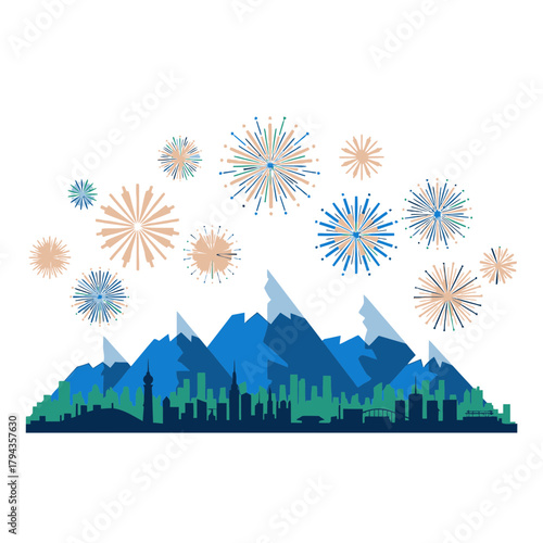 Graphic illustration of a city skyline and mountains with colorful fireworks exploding in the night sky.