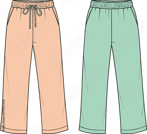 Peach and mint green pants front view, casual lounge wear, drawstring and elastic waist, cad drawing flat vector illustration