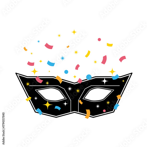 Black masquerade mask with colorful confetti, festive celebration.
