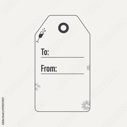 A minimalist gift tag with champagne glass icon and "To/From" fields, perfect for celebrations.