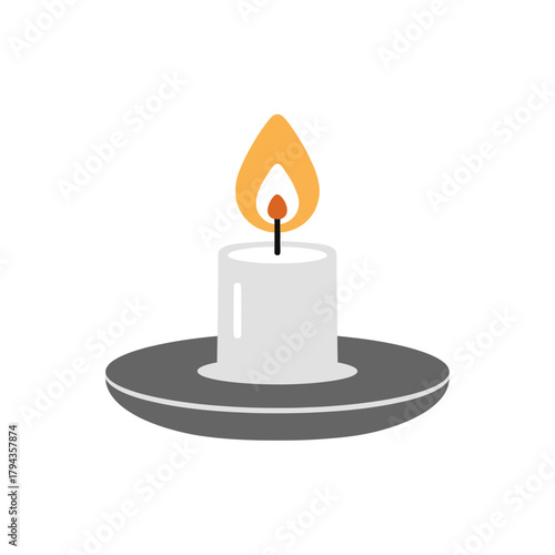 Simple flat design illustration of a lit white candle on a dark grey holder, emitting a warm orange flame.