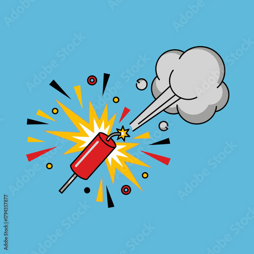 Cartoon illustration of a red dynamite stick with a lit fuse and explosion effects on a blue background.