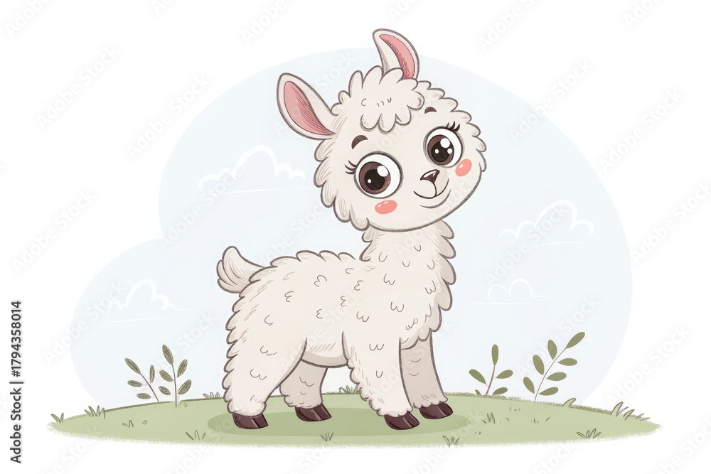 Obraz premium Cute Cartoon Llama Smiling Happily in a Grassy Landscape