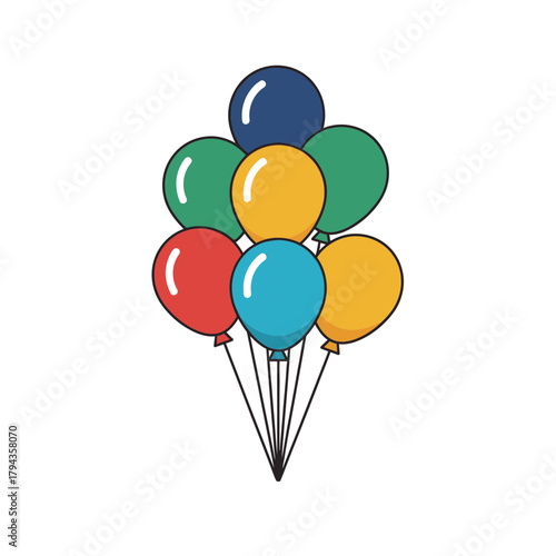 A bunch of colorful balloons tied together on a white background.