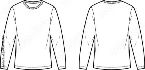 Plain long sleeve shirt front back view, crew neck fashion sketch, apparel flat template, cad drawing flat vector illustration
