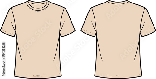 Plain T-shirt, crew neck tee, short sleeve top, front back view, fashion flat sketch, vector illustration, garment CAD