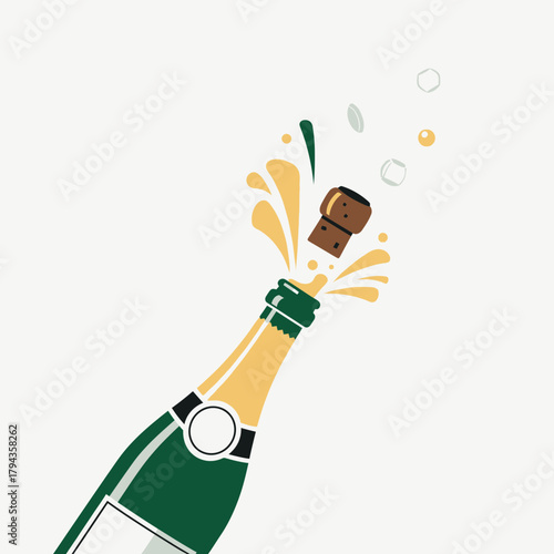 A green champagne bottle with a cork popping out and splashing liquid and bubbles against a white background.