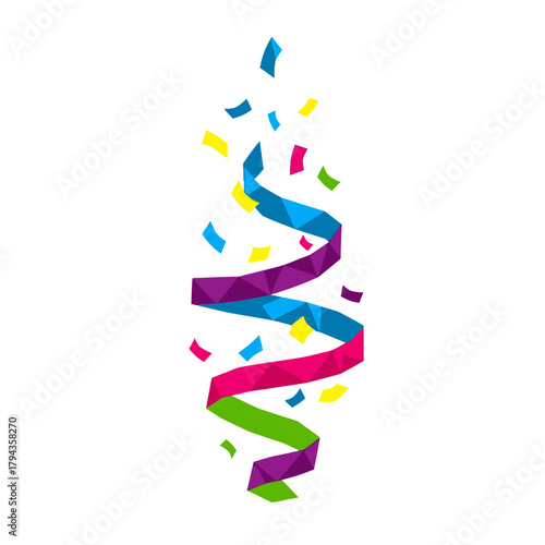 Colorful confetti and ribbon spiral design, perfect for celebrations and festive events.