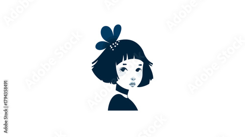 Minimalist graphic illustration of a young girl's portrait with a stylish bob haircut and decorative hair bow