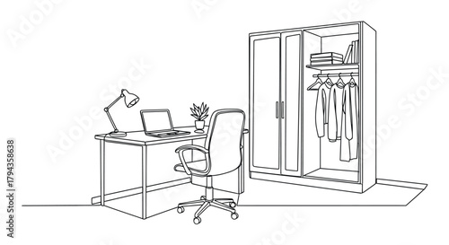 A simple sketch depicting a desk chair wardrobe and study lamp in a room