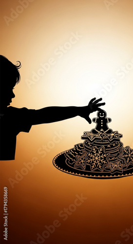 Silhouette of a young child reaching for a birthday cake.