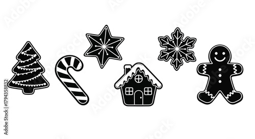 Black and white illustrations of festive christmas cookies and winter treats