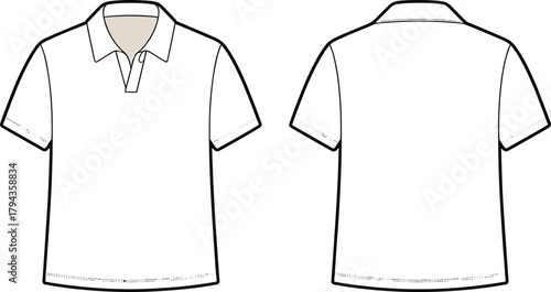Polo shirt front back view, vector fashion flat, CAD sketch, short sleeve top, apparel template, garment illustration