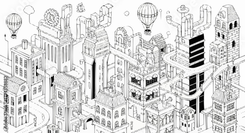 Intricate architectural cityscape with detailed buildings and airships.