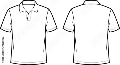 Polo shirt, short sleeve top, front back view, fashion flat sketch, technical drawing, apparel design, vector illustration, garment CAD