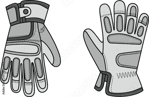Protective gloves technical sketch, palm and back view, vector illustration, reinforced padding, ergonomic design, sports gear, stitching detail