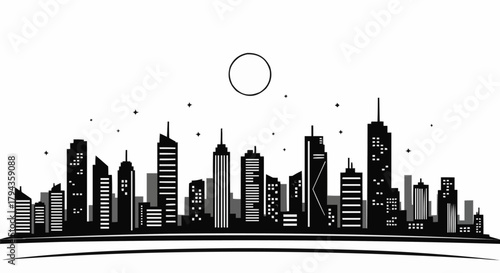 Modern City Skyline Silhouette Under a Circle Sun.