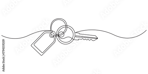 Key icon continuous one line drawing minimalist outline vector illustration, House key icon continuous one line drawing in minimalist style isolated outline vector illustration